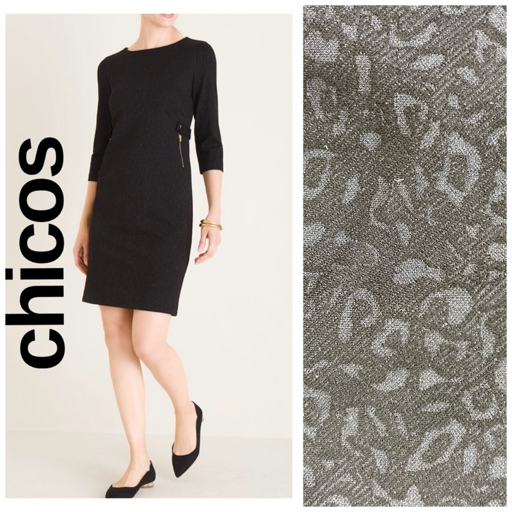 Chicos Cheetah Jacquard Style Ponte Knit 3/4 Sleeve Dress Size 1 US Size 8 NWT